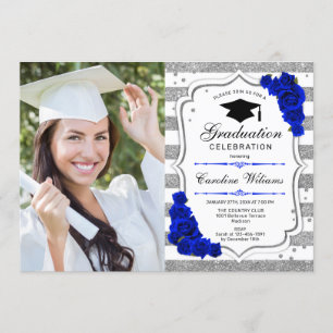 Graduation Party With Photo - Silver Royal Blue Invitation