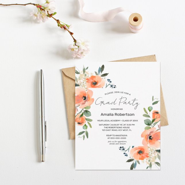 Graduation Peach Floral and Greenery  INVITATION (Creator Uploaded)