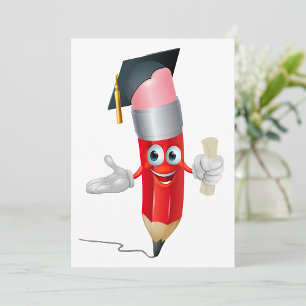 Graduation Pencil Character Holding Diploma Invitation
