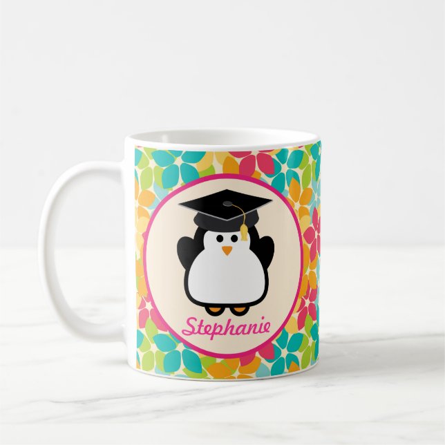 Graduation personalised penguin gift idea coffee mug (Left)
