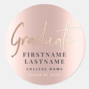Graduation Personalised Rose Gold Elegant Feminine Classic Round Sticker