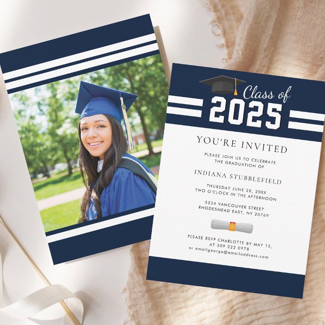 Graduation Photo 2026 Navy Blue Grad Party Invitation (Graduation Photo 2025 Navy Blue Grad Party Invitation)
