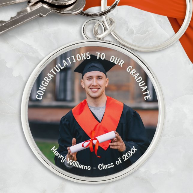 Graduation Photo and Name Keepsake Key Ring (A stylish keychain for graduation, personalized with the graduate's photo, name and 'class of' year)