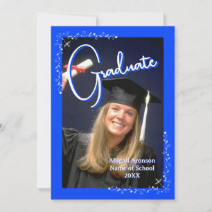 Graduation Photo Announcement Bright Blue & White 