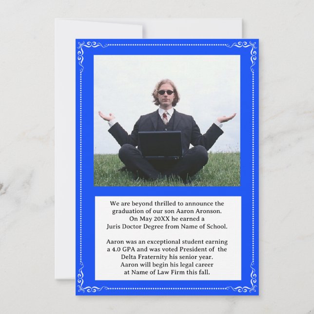 Graduation Photo Announcement Bright Blue & White (Back)