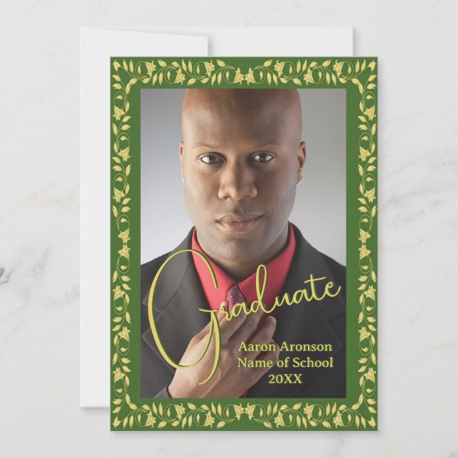 Graduation Photo Announcement Green and Gold Ivy (Front)