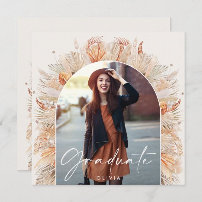 Graduation photo arch rustic pampas botanical invitation (Front/Back)