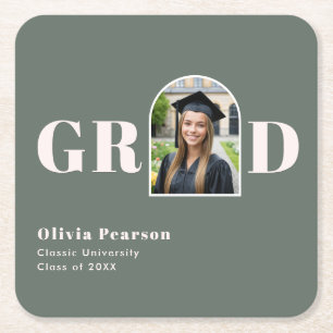 Graduation Photo Arch Sage Green Pink Modern Square Paper Coaster