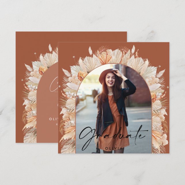 Graduation photo arch terracotta pampas botanical invitation (Front/Back)