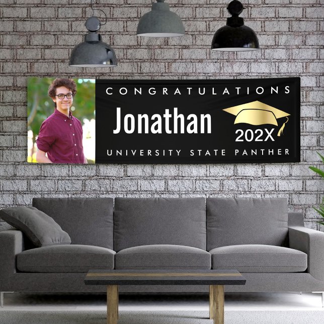 Graduation photo black gold cap modern bold simple banner (Creator Uploaded)