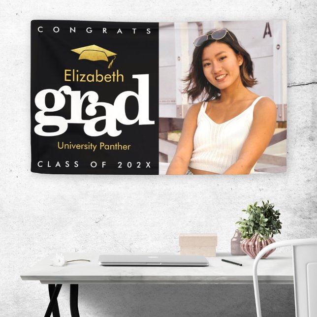 Graduation photo black gold cap simple bold modern banner (Creator Uploaded)