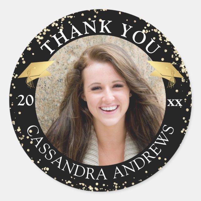 Graduation Photo Black Gold Glitter Thank You Classic Round Sticker (Front)