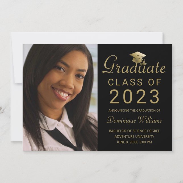 Graduation Photo Black Gold Grad Cap Script 2023 Announcement (Front)