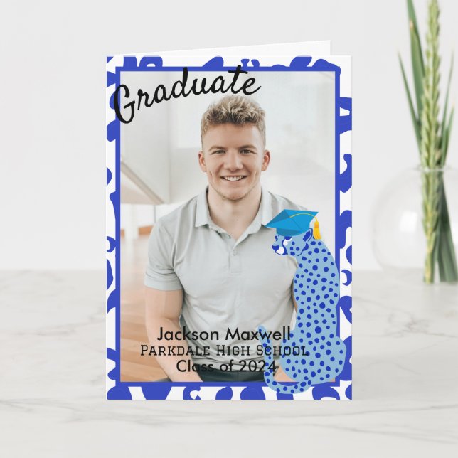 Graduation Photo blue Leopard Print Card (Front)