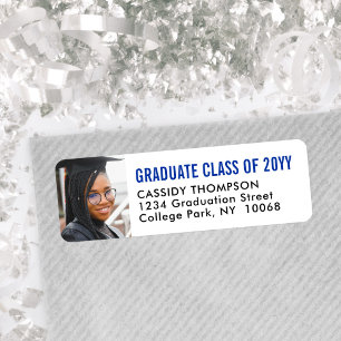 Graduation Photo Blue White Black Return Address Label