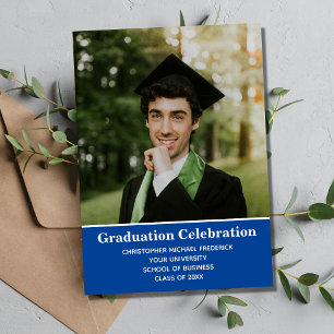 Graduation Photo Blue White College Graduation  Invitation
