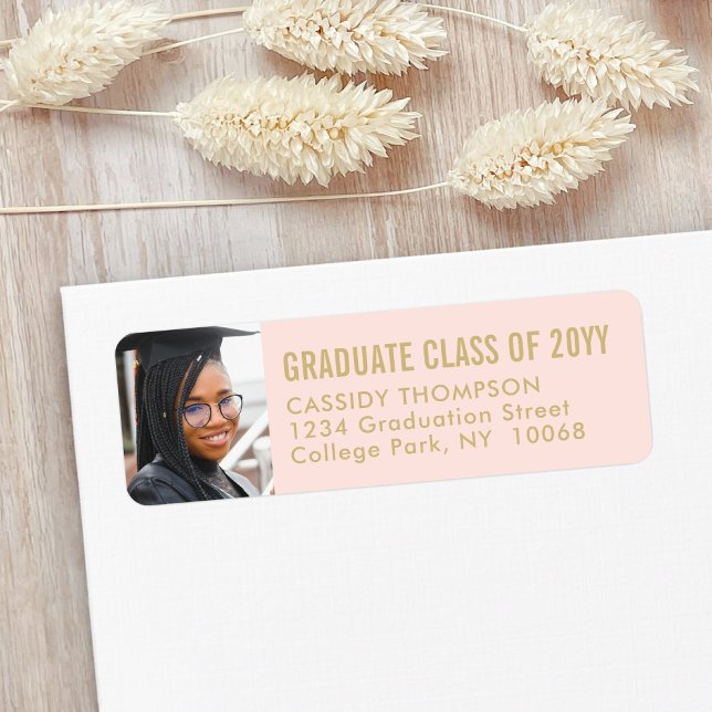 Graduation Photo Blush Pink & Gold Return Address Label (Creator Uploaded)