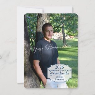 Graduation Photo Box and Stripes Blue Invitation