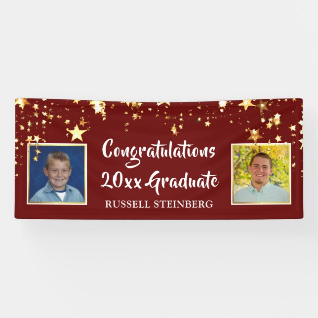 Graduation Photo Brush Script Stars Red  Banner (Horizontal)