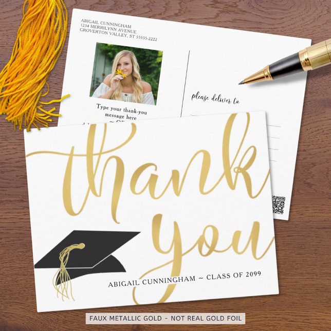 Graduation Photo Calligraphy Script Gold Thank You Postcard (Creator Uploaded)