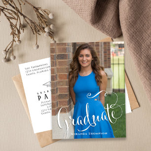 Graduation Photo Calligraphy Script Simple White Postcard
