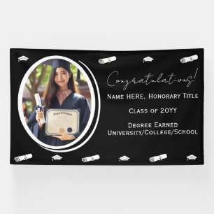 Graduation Photo & Cap, Diploma in Black and White Banner