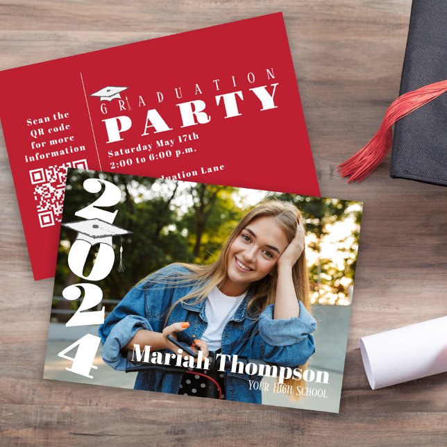 Graduation Photo Cardinal Red Class Of 2023 QR Invitation (Graduation bold and bright modern style photo invitation. )