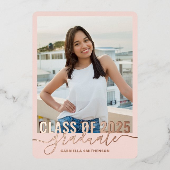 Graduation Photo Chic Script Blush Pink Rose Gold  (Front)