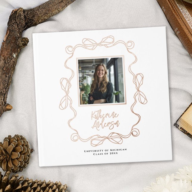 Graduation Photo Chic Wavy Border Bows Guest Book (Creator Uploaded)