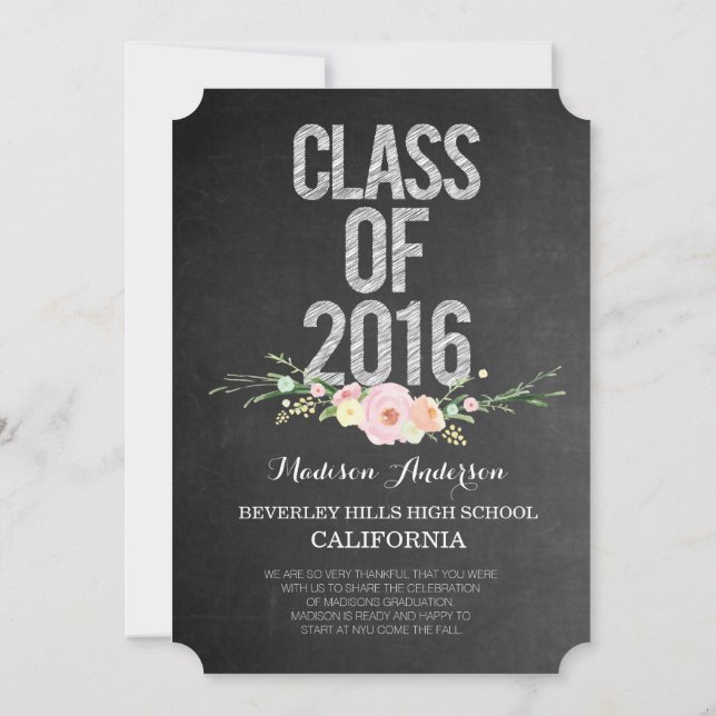 Graduation Photo Class of 2016 Chalkboard Floral Invitation (Back)