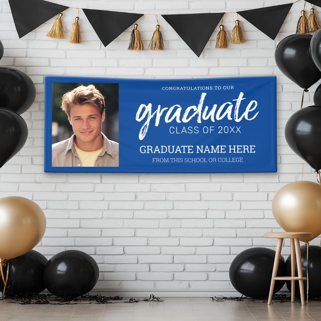 Graduation Photo - Class of Year - Blue Banner (Custom Graduation Banner with Photo and Grad Name)