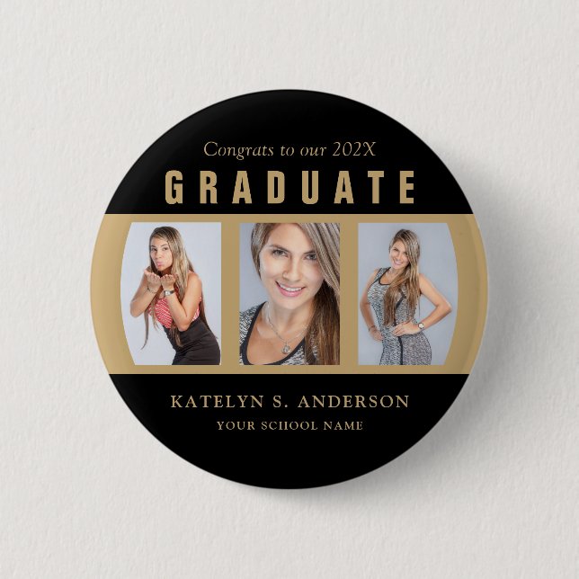 Graduation Photo Collage Black and Gold Custom 6 Cm Round Badge (Front)