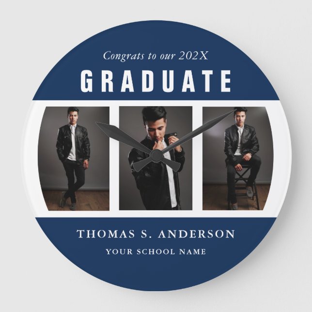 Graduation Photo Collage Blue and White Custom Large Clock (Front)
