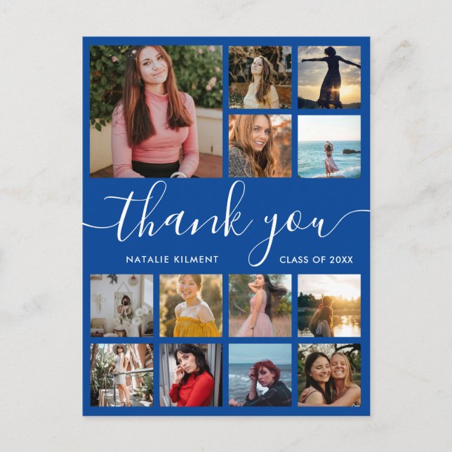 Graduation Photo Collage Blue Thank You Postcard (Front)