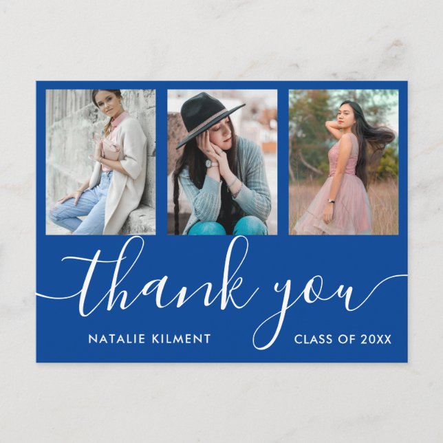 Graduation Photo Collage Blue Thank You Postcard (Front)