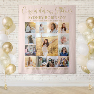 Graduation Photo Collage Blush Pink Gold Backdrop Tapestry