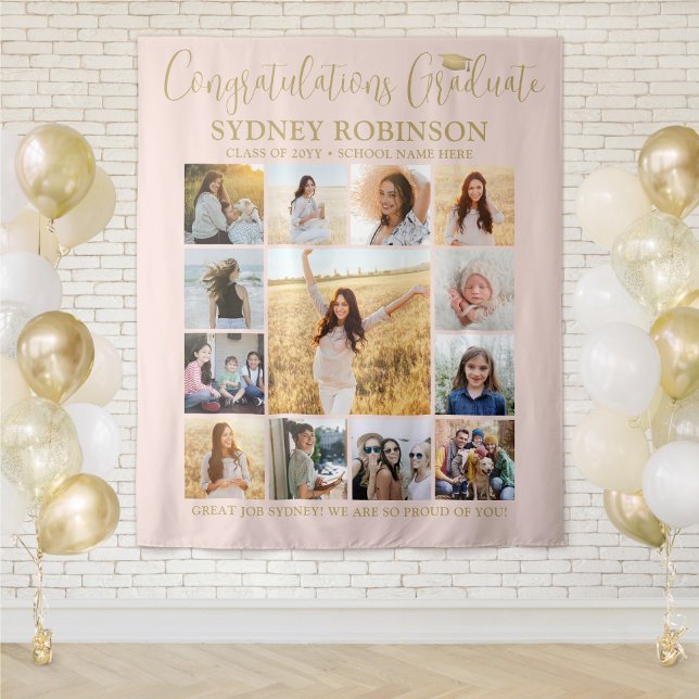 Graduation Photo Collage Blush Pink Gold Backdrop Tapestry (Creator Uploaded)