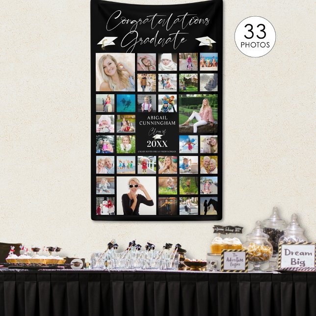 Graduation Photo Collage Chic Script Black Banner (Creator Uploaded)