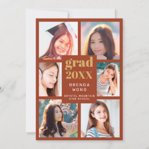 Graduation Photo Collage Gold White Script Orange Announcement