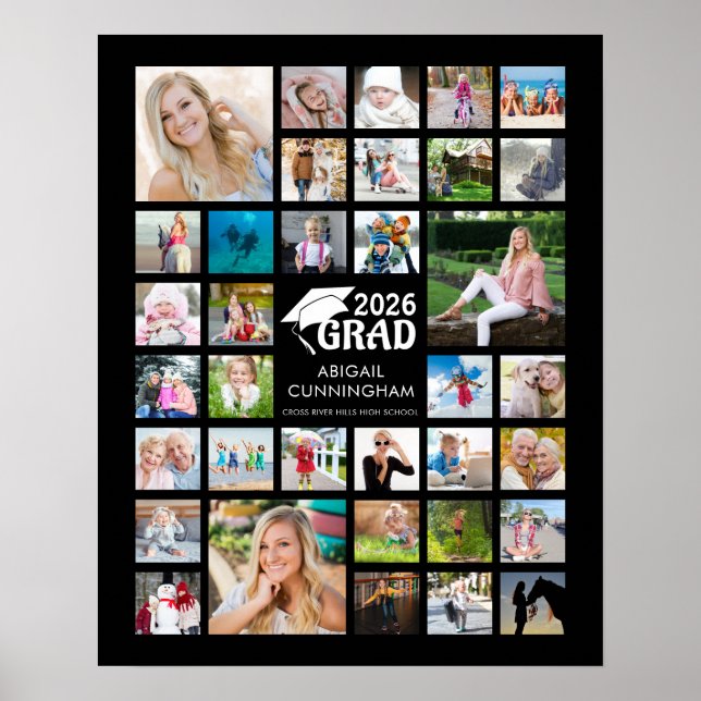 Graduation Photo Collage GRAD Commemorative Black Poster (Front)