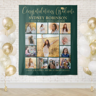 Graduation Photo Collage Green and  Gold Backdrop Tapestry