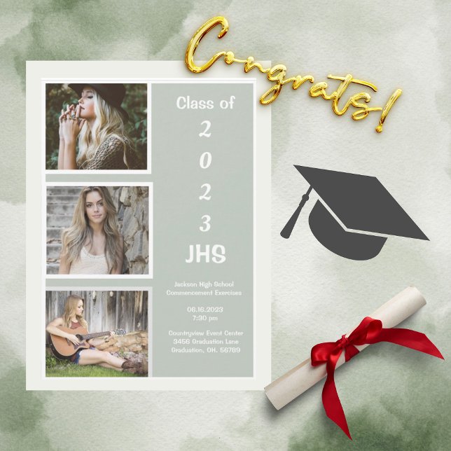 Graduation Photo Collage Green Name Graduation Announcement (Creator Uploaded)