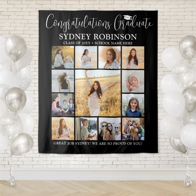 Graduation Photo Collage Large Black Backdrop Tapestry (Creator Uploaded)