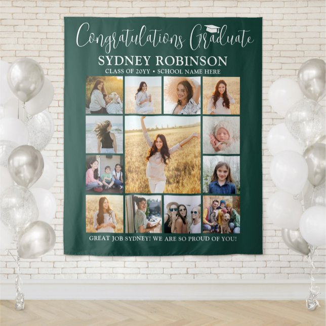 Graduation Photo Collage Large Dark Green Backdrop Tapestry (Creator Uploaded)