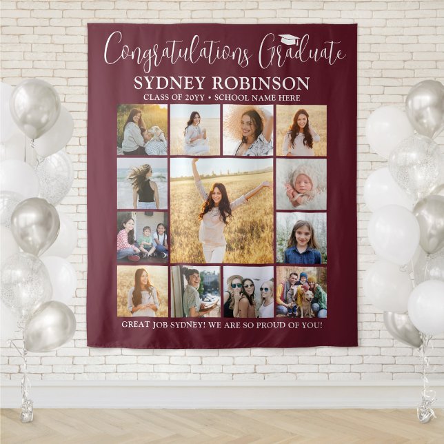 Graduation Photo Collage Large Maroon Red Backdrop Tapestry (Creator Uploaded)