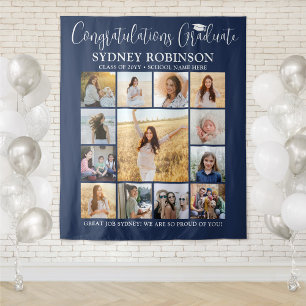 Graduation Photo Collage Large Navy Blue Backdrop Tapestry