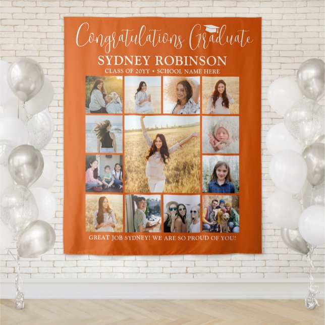 Graduation Photo Collage Large Orange Backdrop Tapestry (Creator Uploaded)