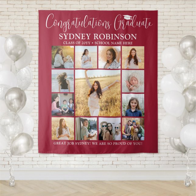 Graduation Photo Collage Large Red White Backdrop Tapestry (Creator Uploaded)