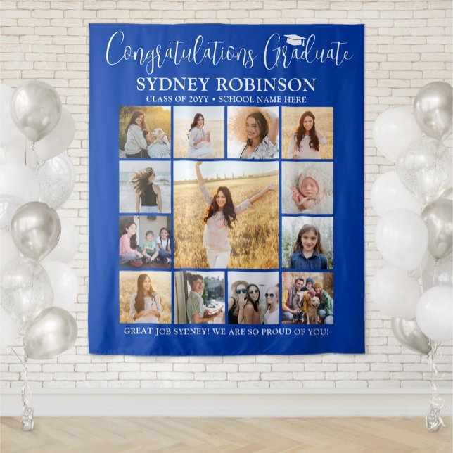 Graduation Photo Collage Large Royal Blue Backdrop Tapestry (Creator Uploaded)