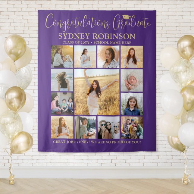 Graduation Photo Collage Purple and  Gold Backdrop Tapestry (Creator Uploaded)